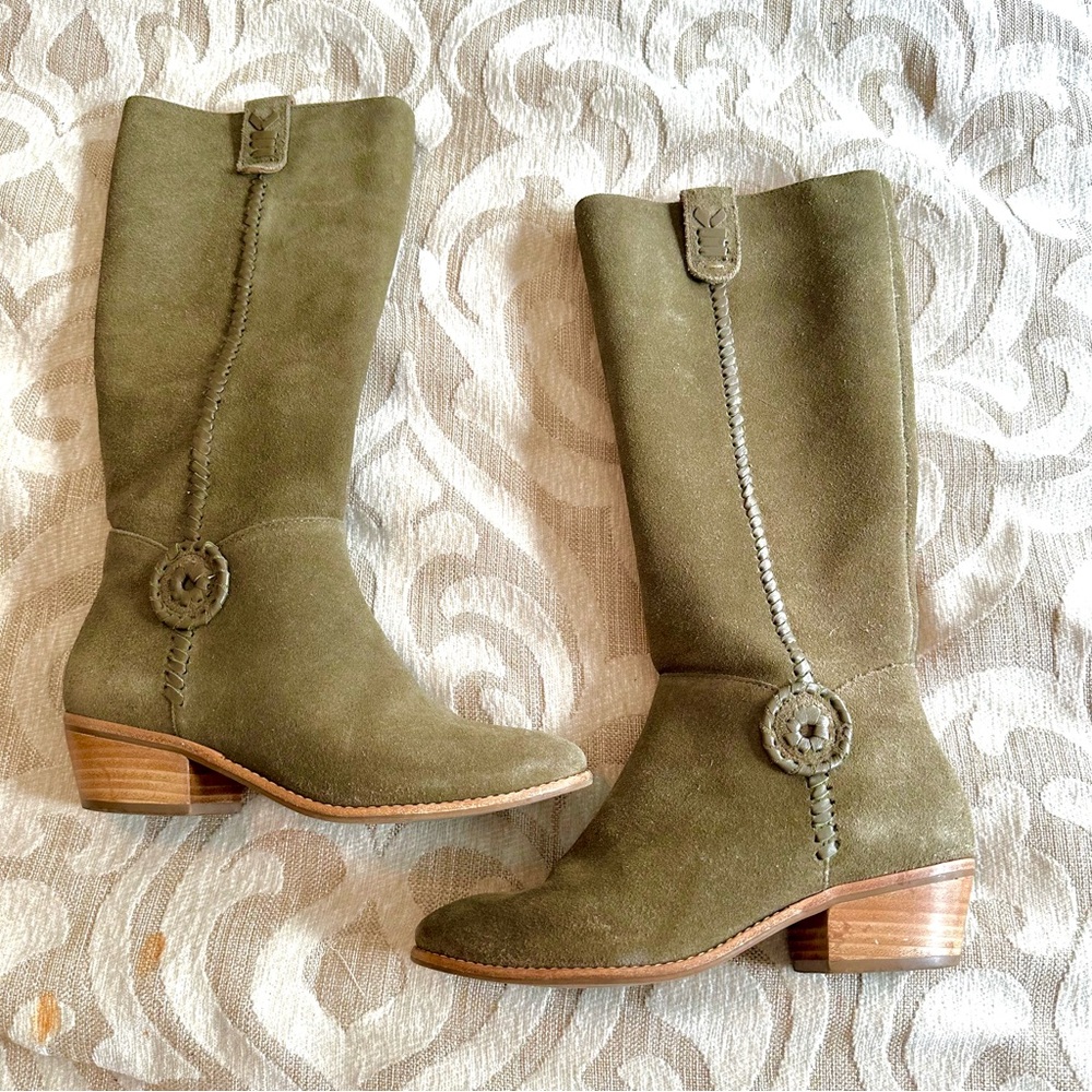 Jack Rogers Sawyer Suede Olive Green Tall Heeled Boots Whip Lace Side Zip sz 5